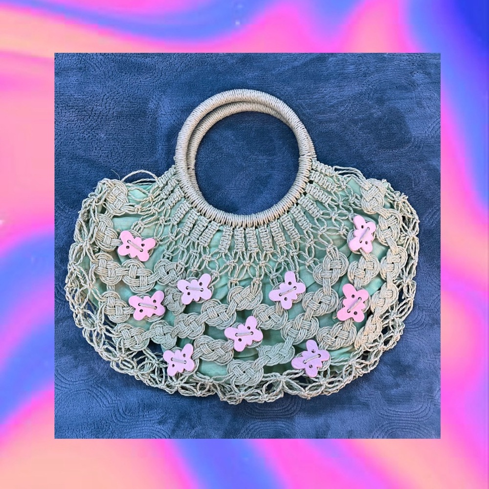 GREEN & PINK BUTTERFLY KNITTED BAG
